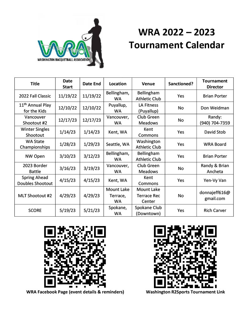Washington Racquetball Association Calendar